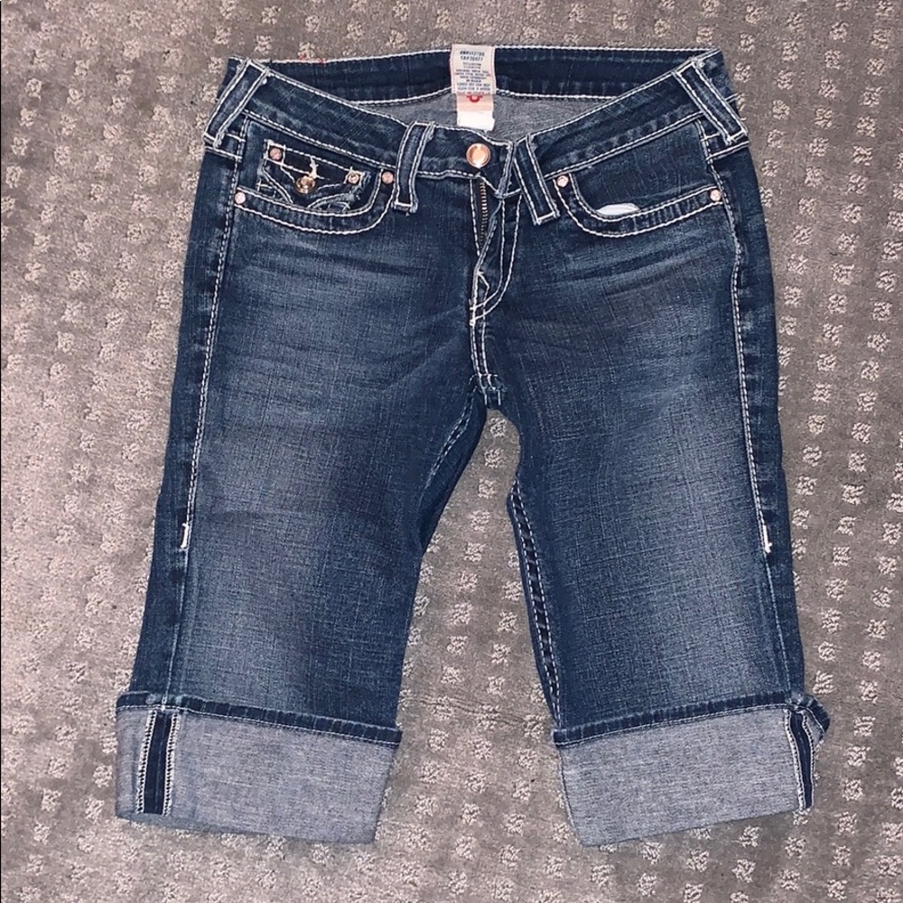 True Religion denim shorts with jeweled buttons